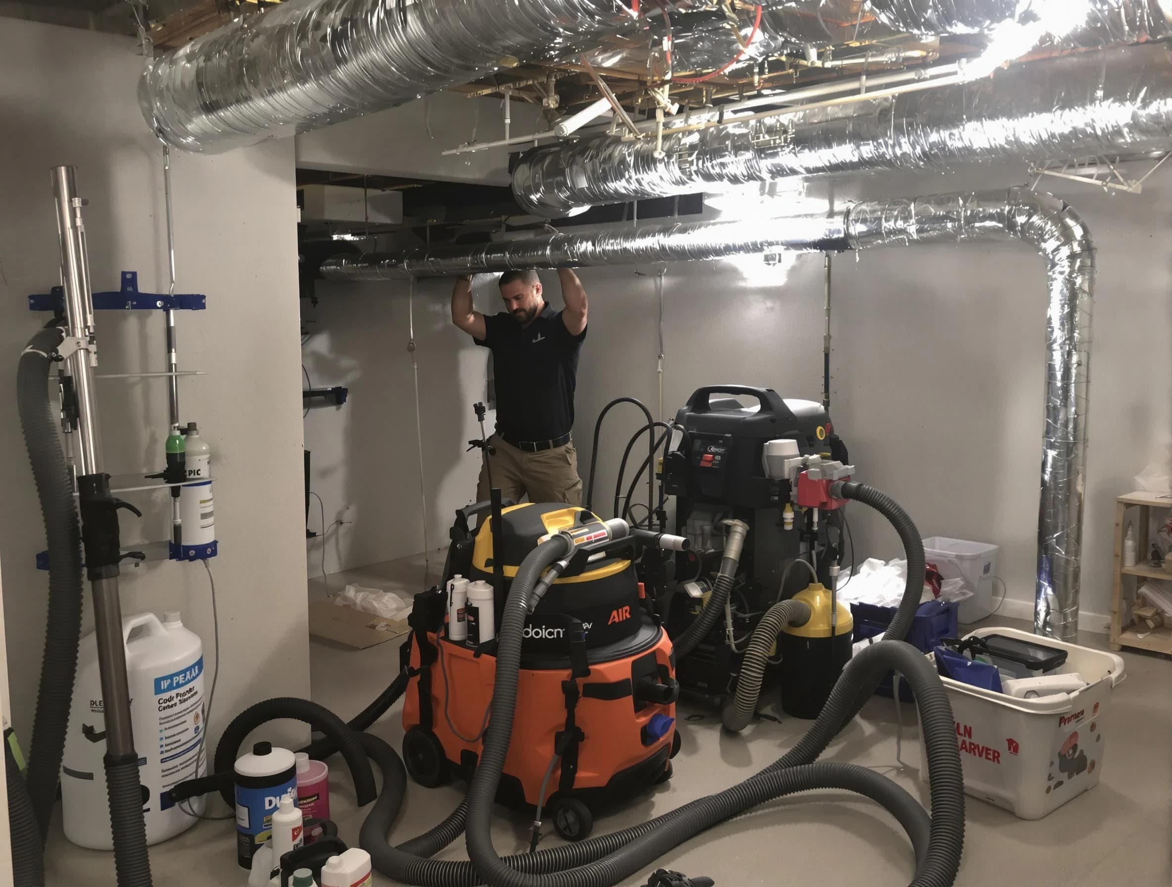 Framingham Air Duct Cleaning specialist performing professional mold removal from air ducts using safety equipment in Framingham